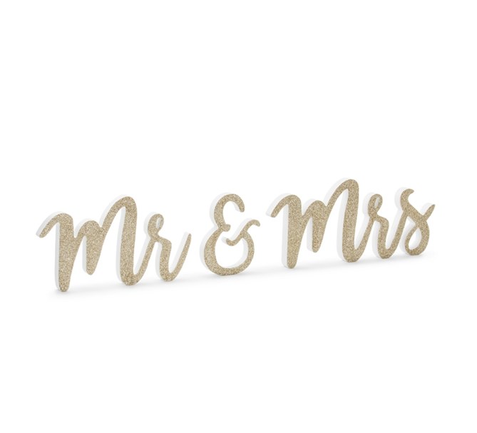 Träbokstäver Mr & Mrs (herr & fru) guldglitter