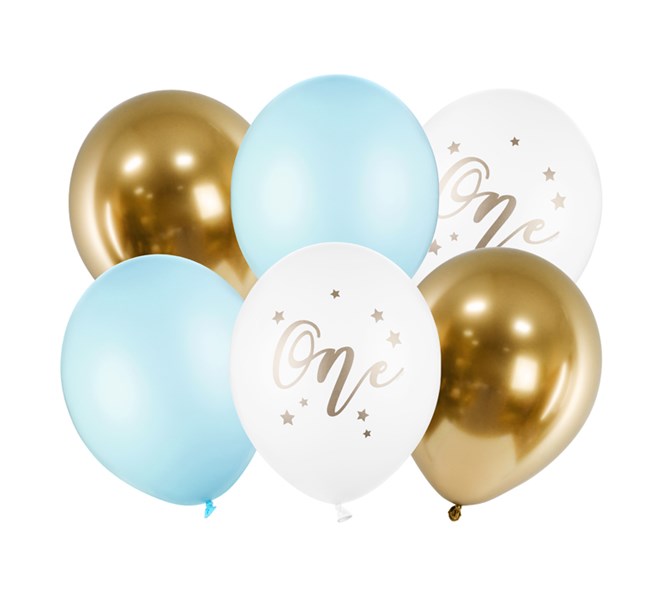 Ballonger 1 år vit/guld/blå, 6-pack