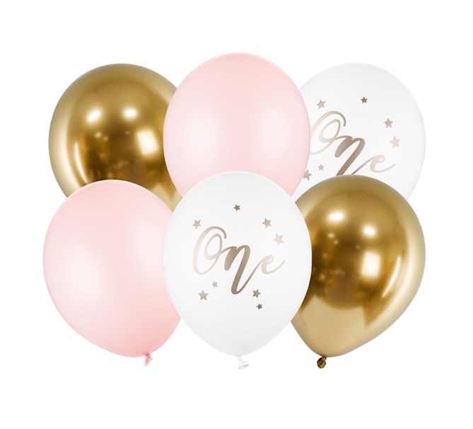 Ballonger 1 år vit/guld/rosa, 6-pack