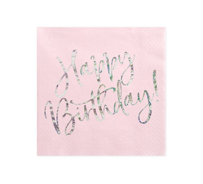 Servetter "Happy Birthday" rosa/holografisk silver, 20-pack