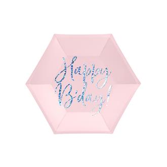 Papperstallrikar "Happy B'day" rosa/holografisk silver, 6-pack