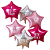 Ballongbukett stjärna rosa & holografisk silver egen text, 6-pack