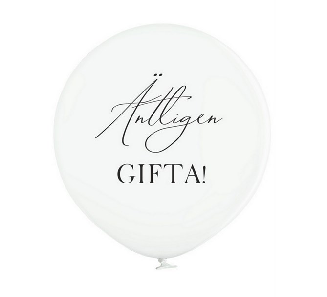 Jätteballong Vit med svart text "Äntligen Gifta!", 60 cm