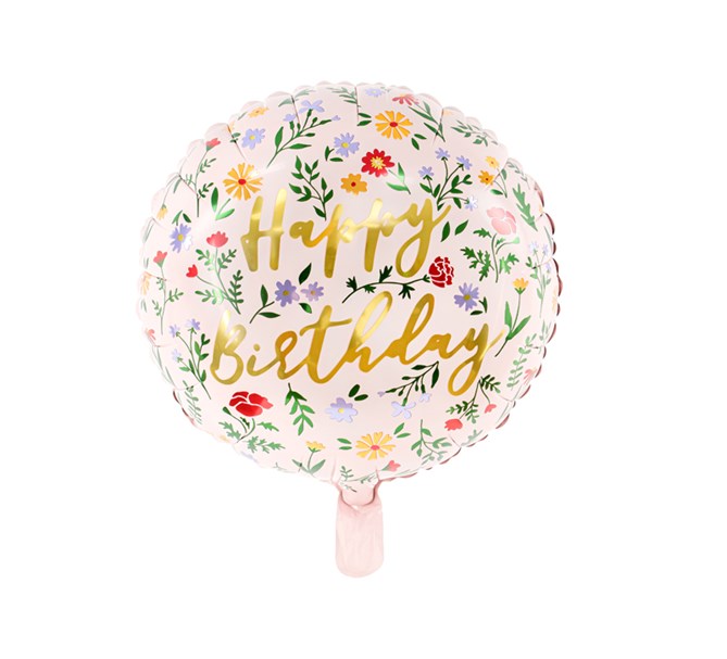Folieballong "Happy Birthday" blommig, 35 cm.