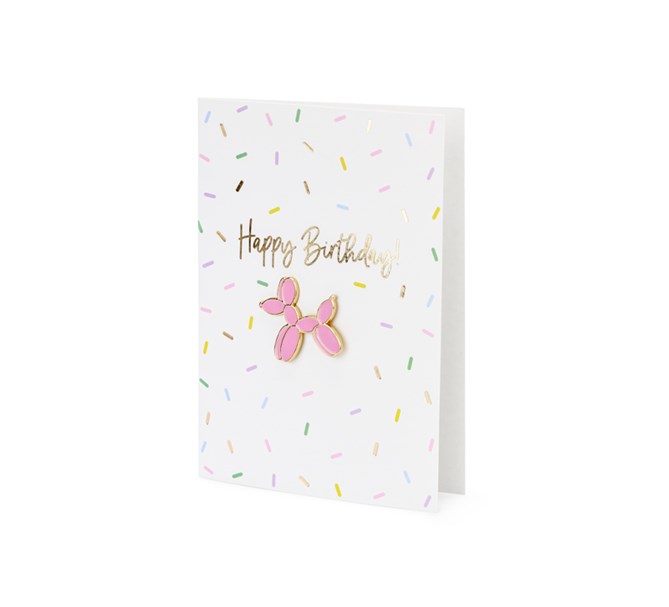 Kort "Happy Birthday!" med ballonghunds-pin