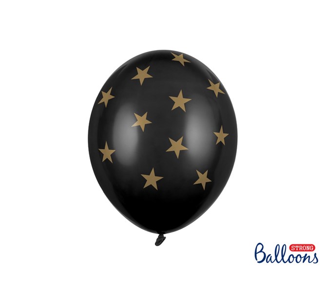 Ballong svarta med guldstjärnor, 6-pack
