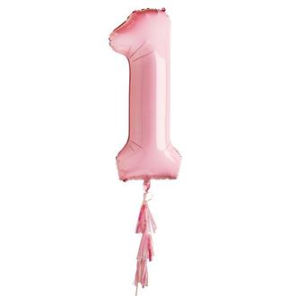 Folieballong 1 år Rosa med tassel, 86 cm.