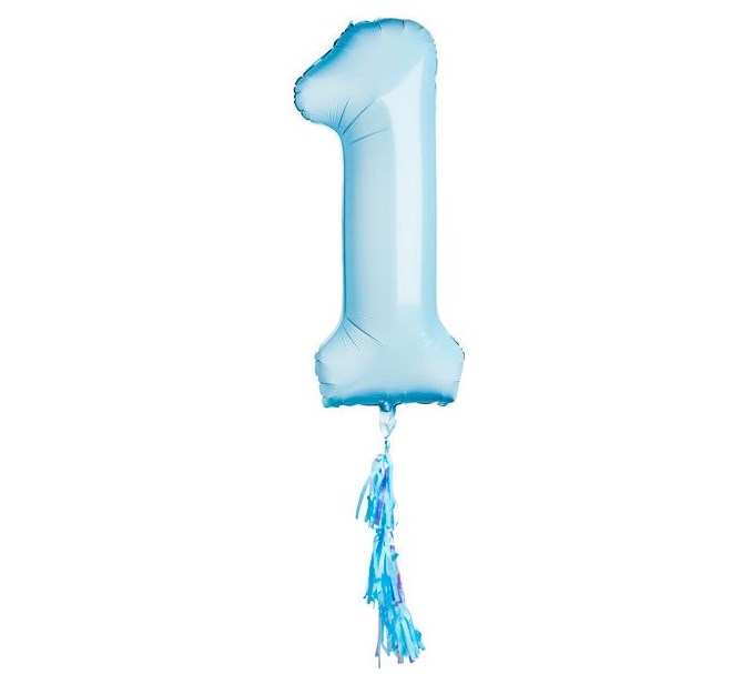 Folieballong 1 år Blå med tassel, 86 cm.