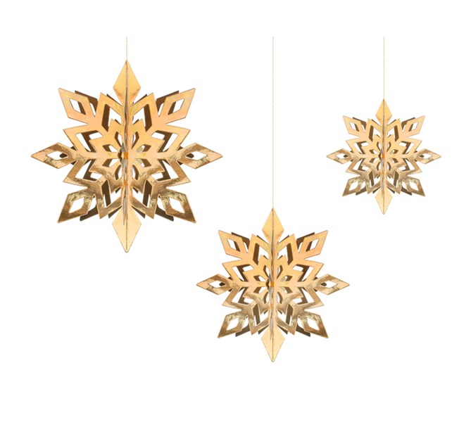 Snöflingor dekorativa guld 6-pack, 15-25 cm
