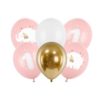 Ballonger "1 år" rosa/guld, 6-pack
