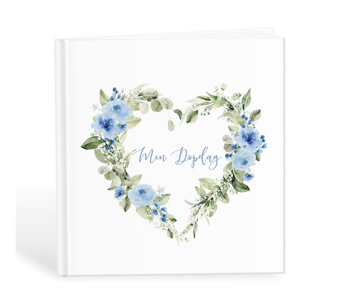 Gästbok Min Dopdag med hjärta av blå blommor