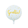 Folieballong rund "Grattis" vit/guld, 46 cm.