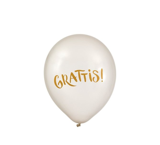 Latexballonger vita med text "Grattis!", 6-pack