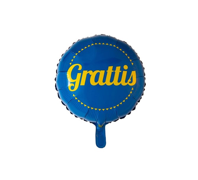Folieballong rund "Grattis" blå/gul, 46 cm.