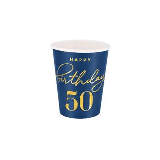 Pappmuggar blå Happy Birthday 50, 6-pack