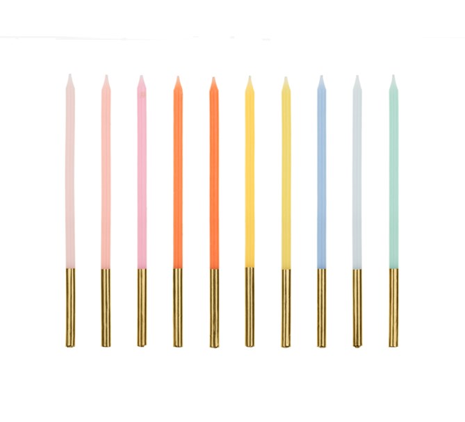 Långa tårtljus pastell/guld, 10-pack