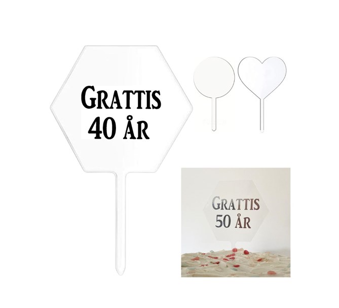 Tårtdekoration Akryl "Grattis 40 år", flera varianter