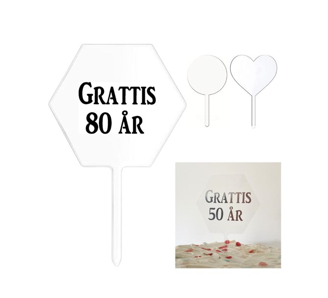 Tårtdekoration Akryl "Grattis 80 år", flera varianter