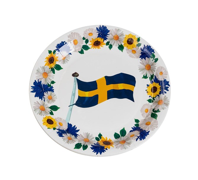 Papperstallrikar med flagga och blommor 23 cm, 8-pack