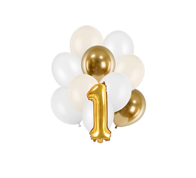 Ballongbukett 1 ÅR - Vit-Crème-Guld, 11-pack