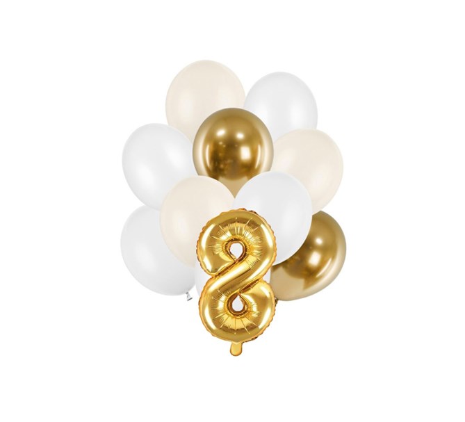Ballongbukett 8 ÅR Vit-Crème-Guld, 11-pack
