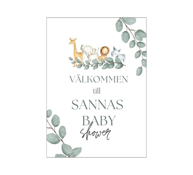 Personlig välkomstskylt Babyshower botanisk/djur