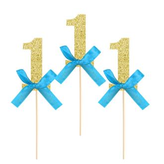 Caketoppers 1 år guld glitter/blå, 6 st.