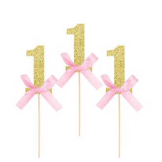 Caketoppers 1 år guld glitter/rosa, 6 st.