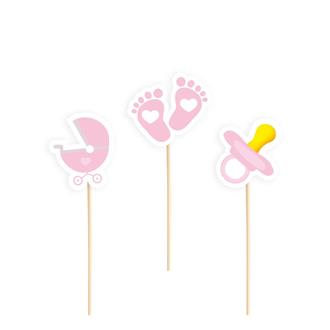 Caketopper Babyshower rosa, 6 st.