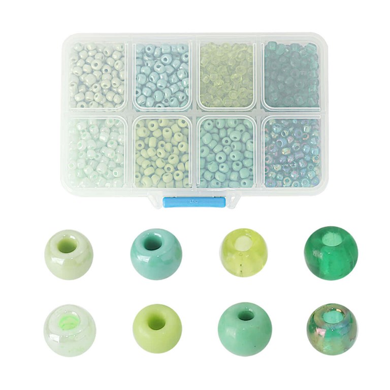 Sortimentask - Mixade glaspärlor - Gröna - 4mm