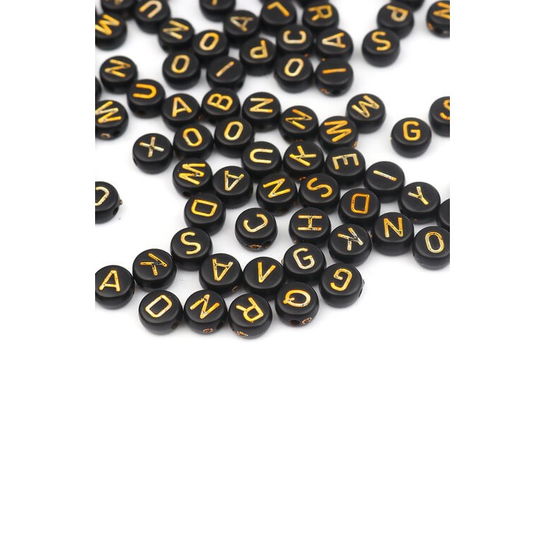 Bokstavspärlor - Svarta med guldiga bokstäver - 500st