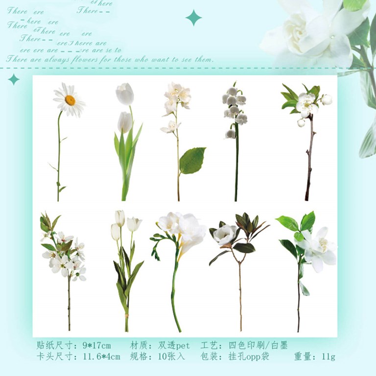 Stickers - Stora blommor med stjälk - Vita -10st