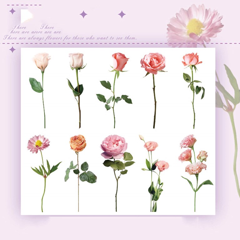 Stickers - Stora blommor med stjälk - Rosa  -10st