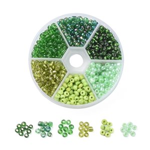 Glaspärlor i rund ask - 6st nyanser - 6/0 - 4mm - Gröna