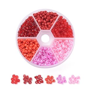 Glaspärlor i rund ask - 6st nyanser - 6/0 - 4mm - Rosa & Röda