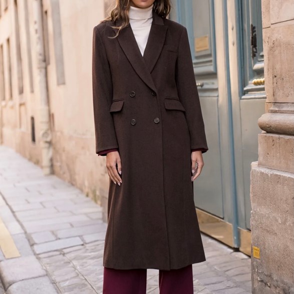 Lång Dubbelknäppt Kappa Mörkbrun
