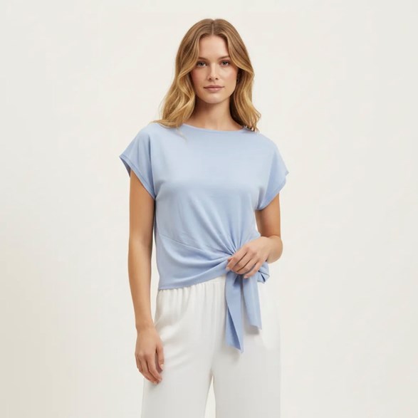 Tunnstickad Kortärmad Tröja Dam med Knytdetalj