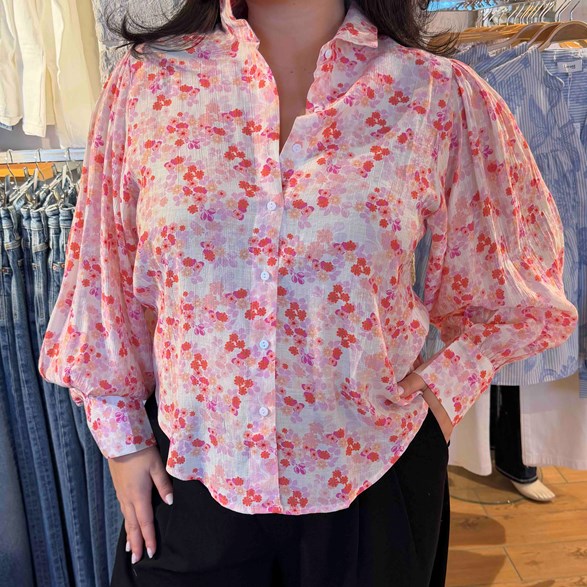 Blommig Blus Dam med Ballongärm & Knappar