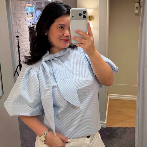 Randig Ljusblå Blus Dam med Puffärm & Knythals