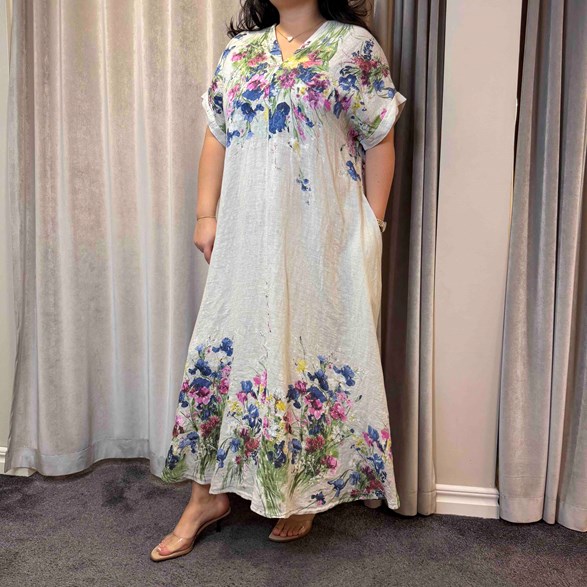 Maxi Klänning i 100% Linne – Blommig med Fickor