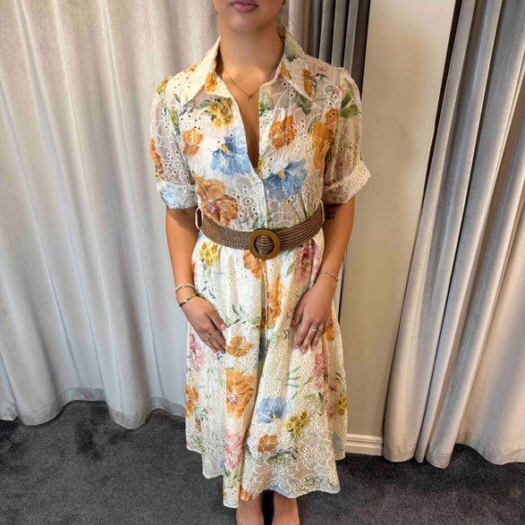 Midi broderianglaise-klänning med bälte