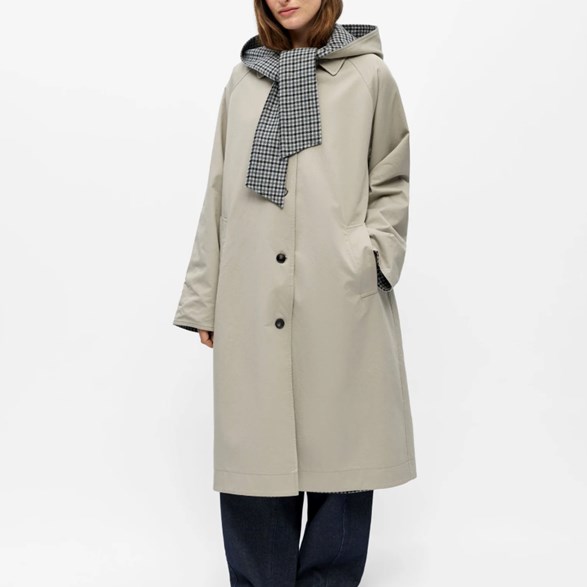 Vändbar lång trenchcoat med huva och scarf