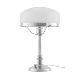 Karlskrona Lampfabrik Karlfeldt bordslampa förnicklad-vit skärm toppig