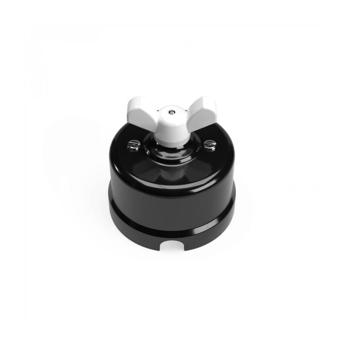 Vridströmbrytare/omkopplare i svart porslin med fjärilsformat vred vit