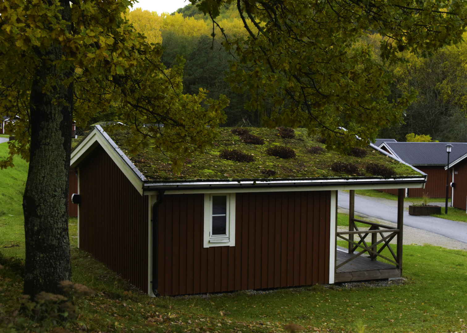 Röd stuga i naturskön miljö