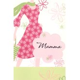 Mamma i ceriseblommig klänning