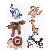 Elefant, apa, giraff, lejon, zebra och skylt.