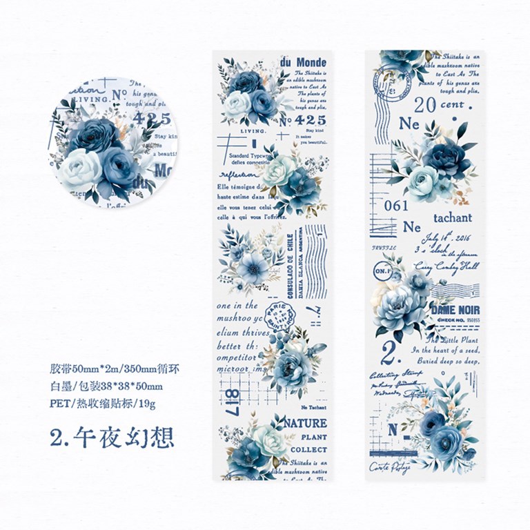 Stickers på rulle - Clear - Texter med blå blommor