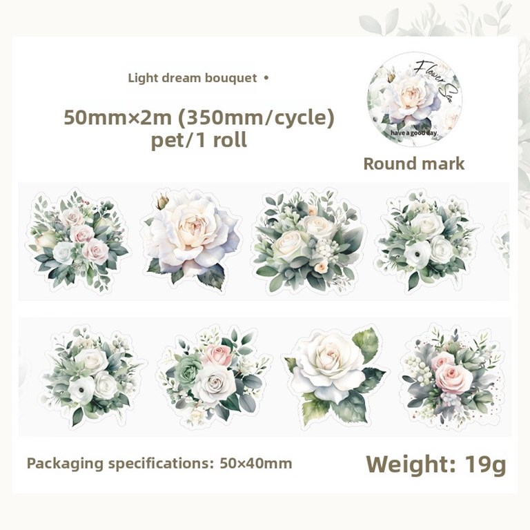 Stickers på rulle - Clear - Vit rosbukett