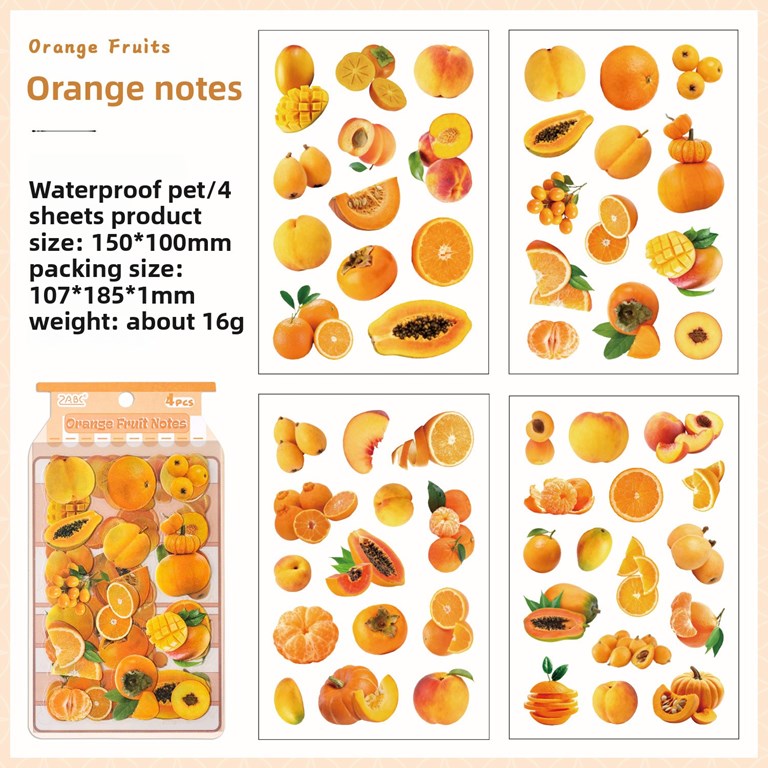 Stickers - Clear - 4st ark - Orangea frukter